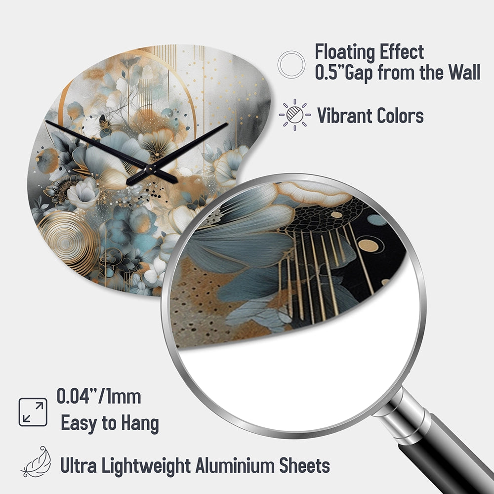 Golden Blue Silky Flower Design II - Asymmetric Metal Wall Clock