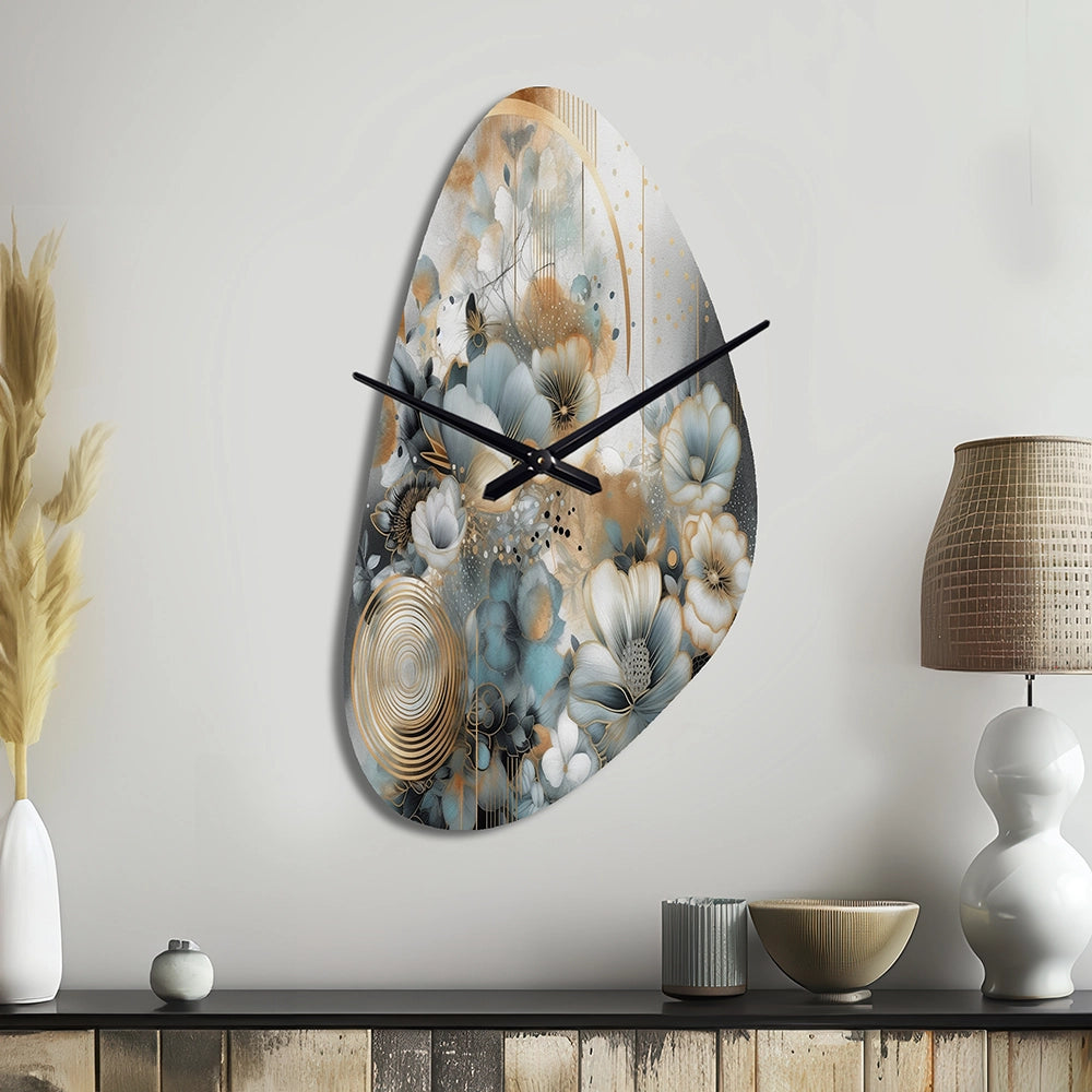Golden Blue Silky Flower Design II - Asymmetric Metal Wall Clock