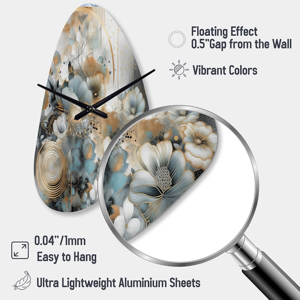 Golden Blue Silky Flower Design II - Asymmetric Metal Wall Clock