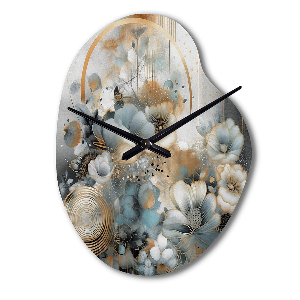 Golden Blue Silky Flower Design II - Asymmetric Metal Wall Clock