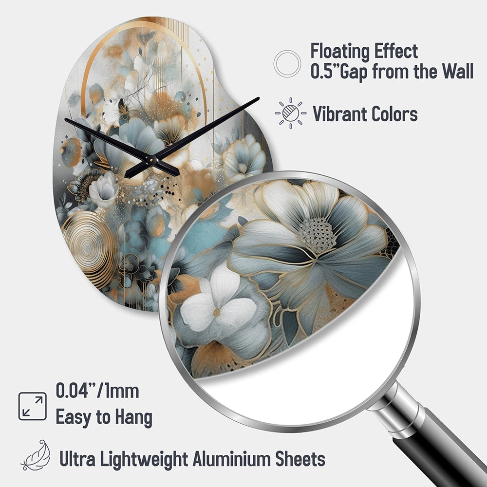 Golden Blue Silky Flower Design II - Asymmetric Metal Wall Clock