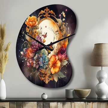 Antique Floral Mirror With Butterflies I - Asymmetric Metal Wall Clock