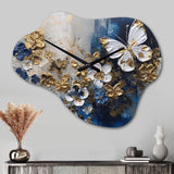 Golden Blue Butterfly Wings And Flowers I - Asymmetric Metal Wall Clock