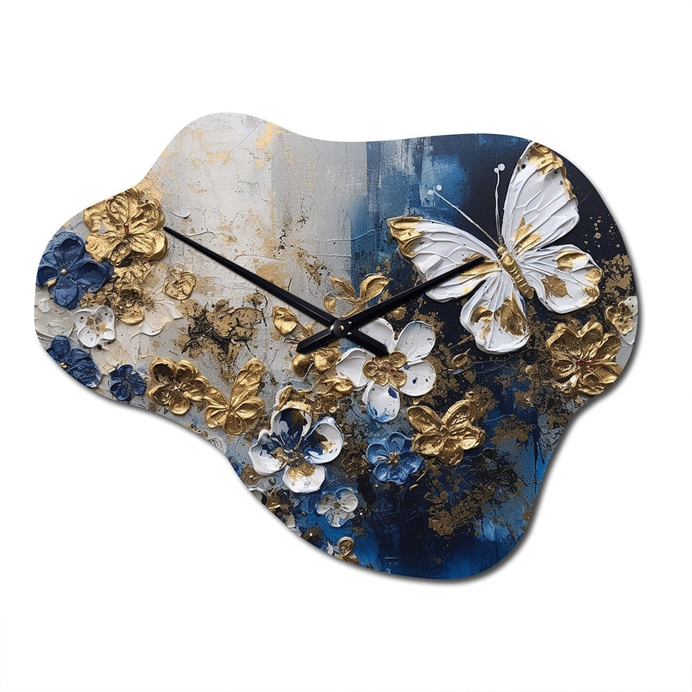 Golden Blue Butterfly Wings And Flowers I - Asymmetric Metal Wall Clock