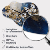 Golden Blue Butterfly Wings And Flowers I - Asymmetric Metal Wall Clock