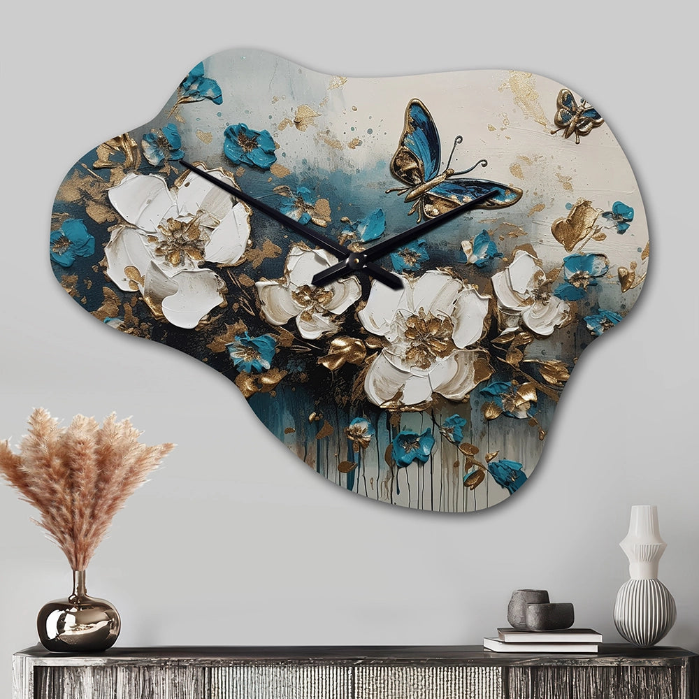 Golden Blue Butterfly Wings And Flowers II - Asymmetric Metal Wall Clock
