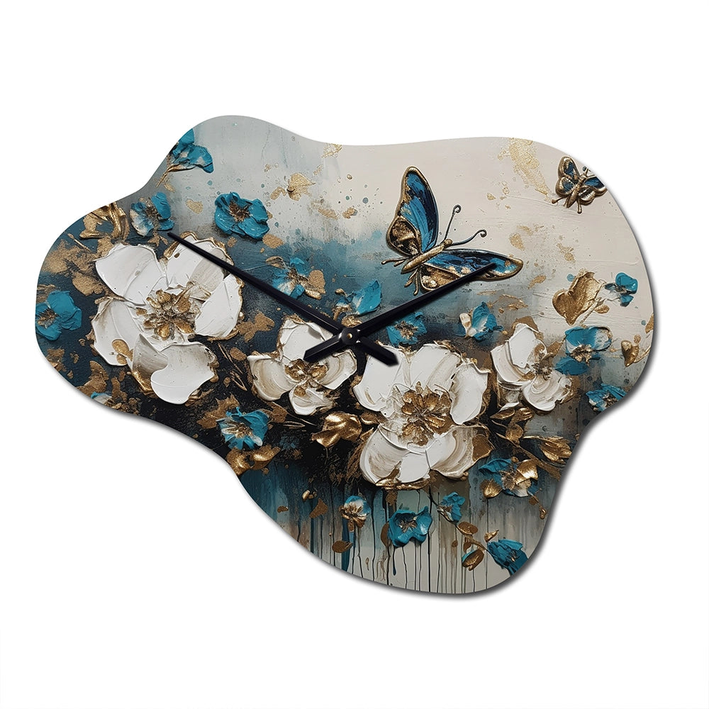 Golden Blue Butterfly Wings And Flowers II - Asymmetric Metal Wall Clock