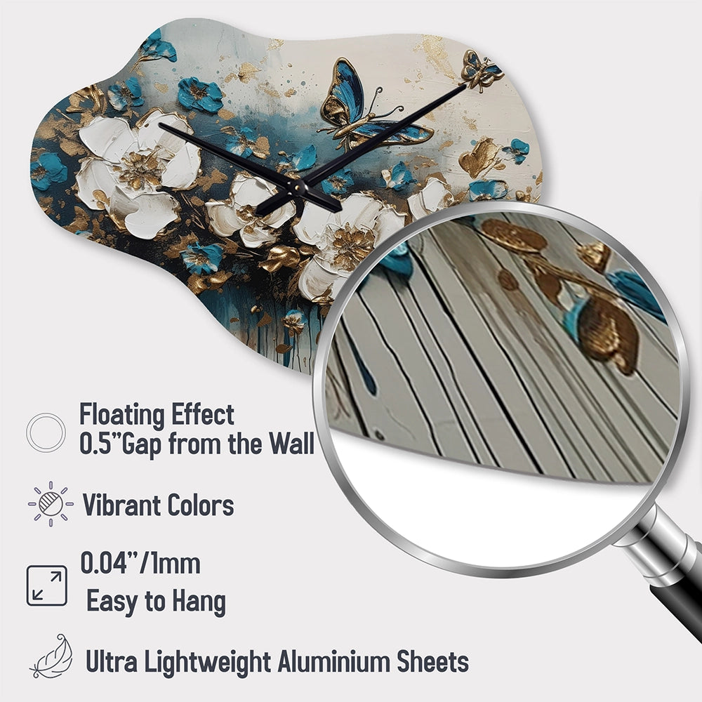 Golden Blue Butterfly Wings And Flowers II - Asymmetric Metal Wall Clock
