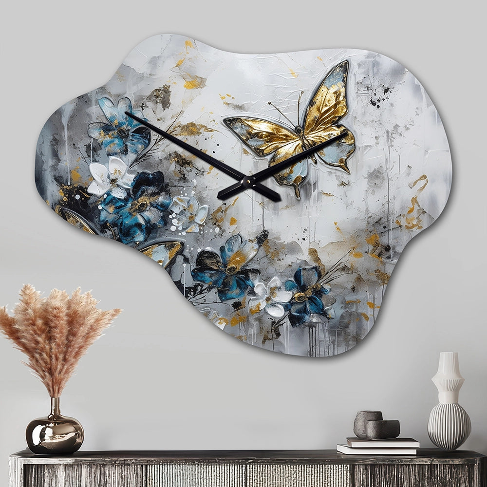 Golden Blue Butterfly Wings And Flowers III - Asymmetric Metal Wall Clock