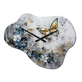 Golden Blue Butterfly Wings And Flowers III - Asymmetric Metal Wall Clock