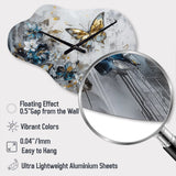 Golden Blue Butterfly Wings And Flowers III - Asymmetric Metal Wall Clock