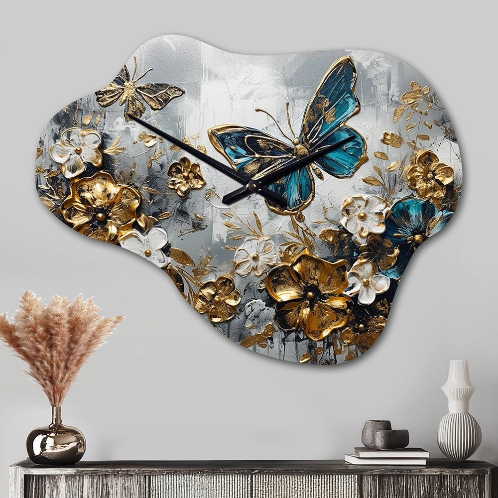 Golden Blue Butterfly Wings And Flowers V - Asymmetric Metal Wall Clock