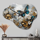 Golden Blue Butterfly Wings And Flowers V - Asymmetric Metal Wall Clock