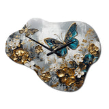 Golden Blue Butterfly Wings And Flowers V - Asymmetric Metal Wall Clock