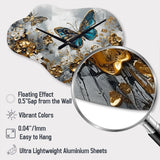 Golden Blue Butterfly Wings And Flowers V - Asymmetric Metal Wall Clock