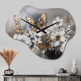Golden White Butterfly Wings And Flowers I - Asymmetric Metal Wall Clock