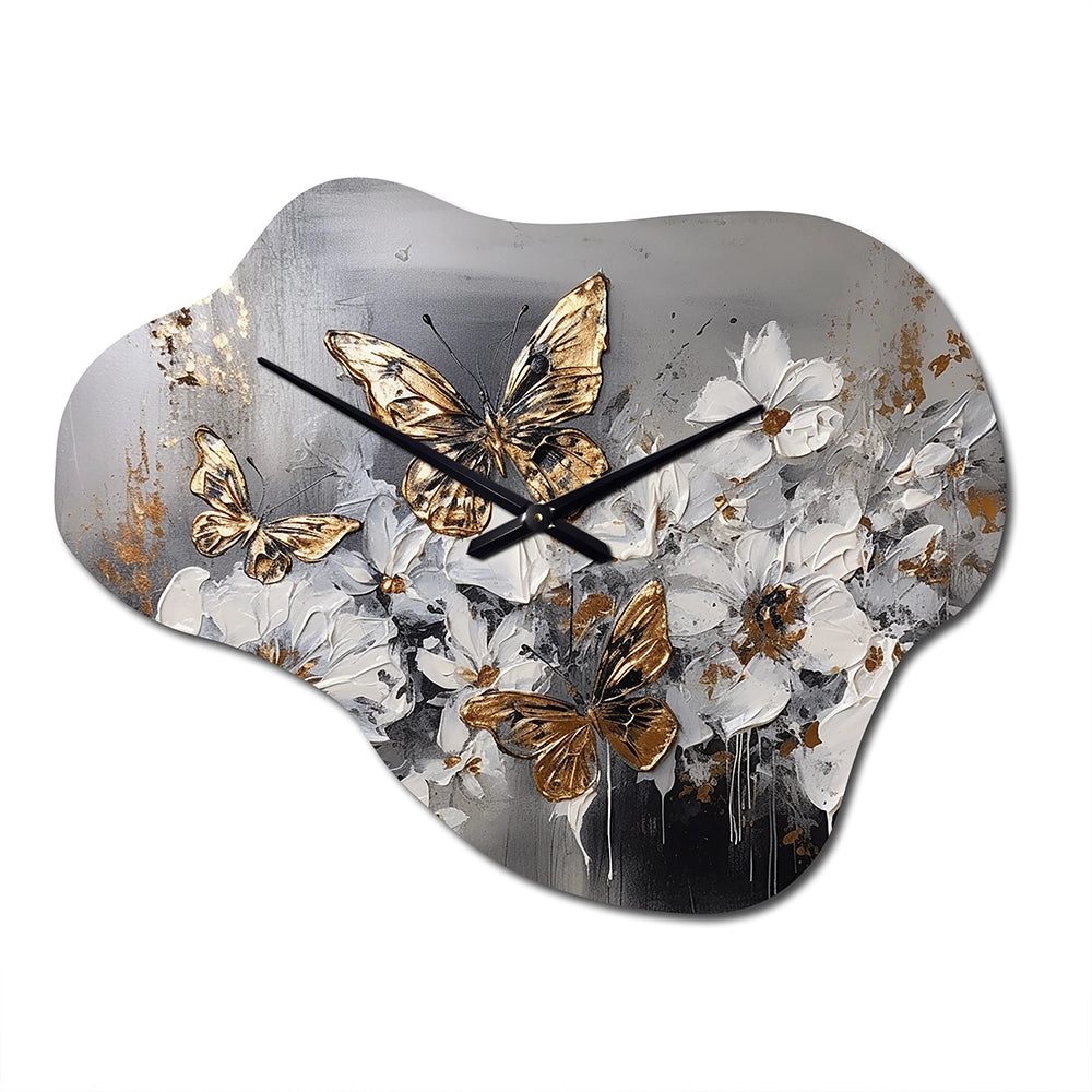Golden White Butterfly Wings And Flowers I - Asymmetric Metal Wall Clock