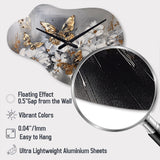 Golden White Butterfly Wings And Flowers I - Asymmetric Metal Wall Clock