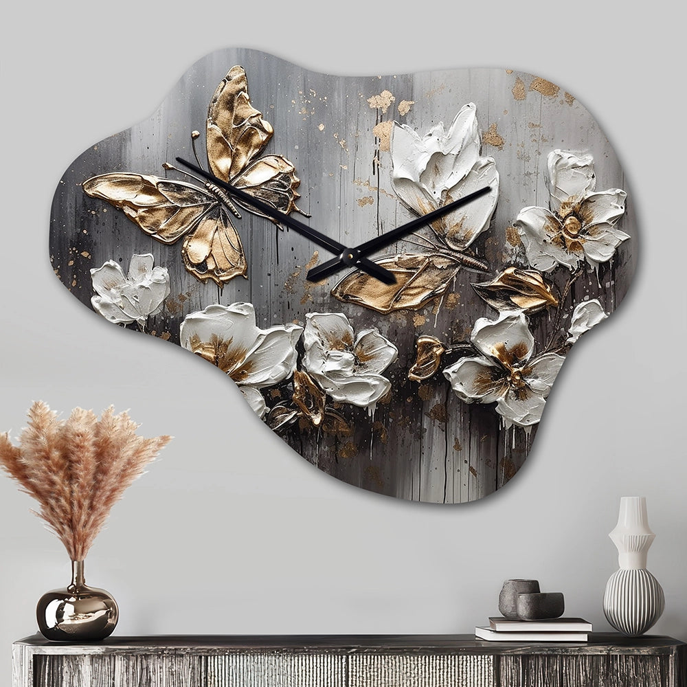 Golden White Butterfly Wings And Flowers III - Asymmetric Metal Wall Clock
