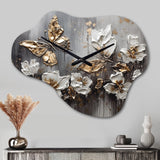 Golden White Butterfly Wings And Flowers III - Asymmetric Metal Wall Clock