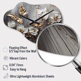 Golden White Butterfly Wings And Flowers III - Asymmetric Metal Wall Clock