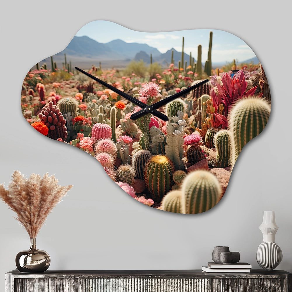 Green Pink Cactus Field II - Asymmetric Metal Wall Clock