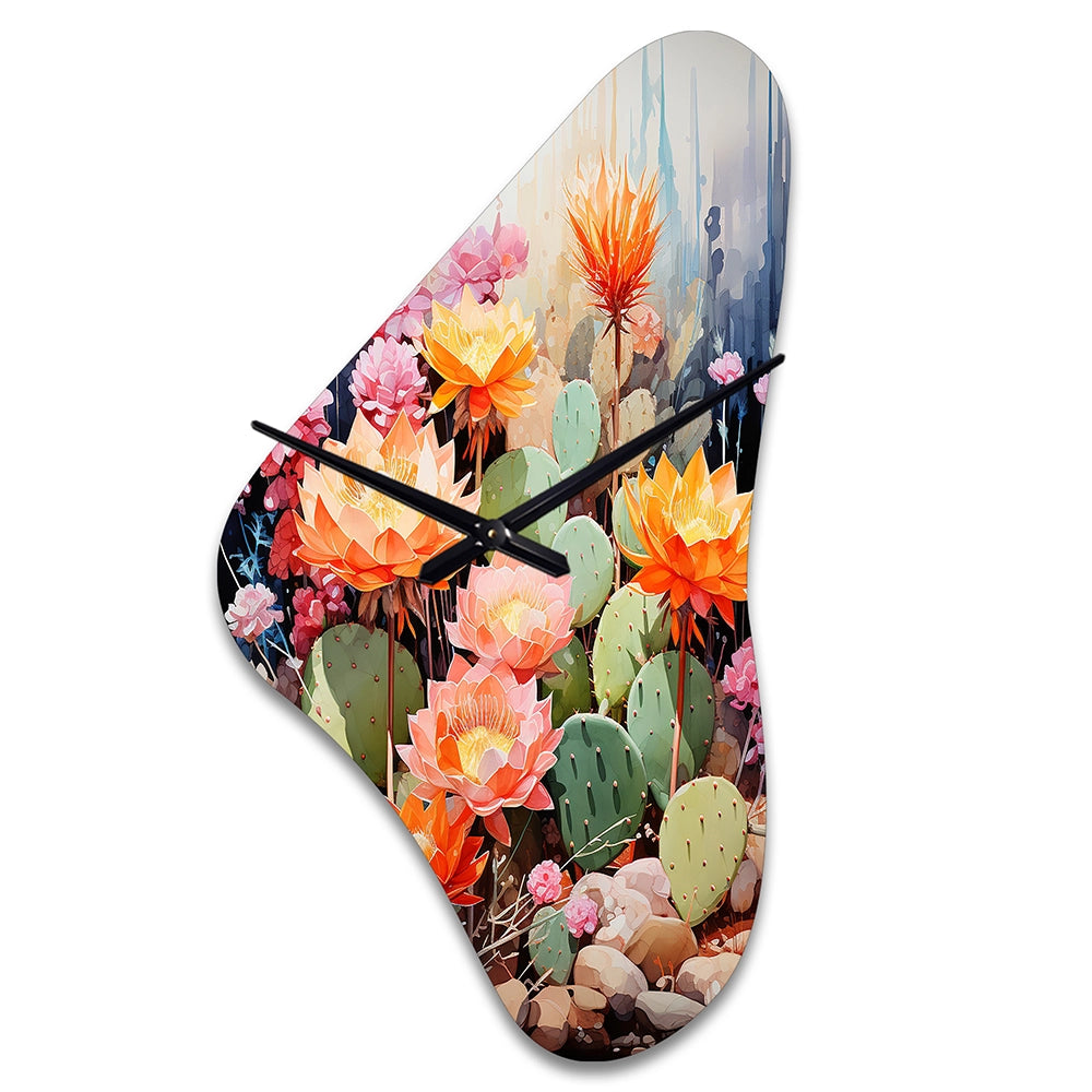 Peach Green Cactus Representation Multicolored Acrylic V - Asymmetric Metal Wall Clock