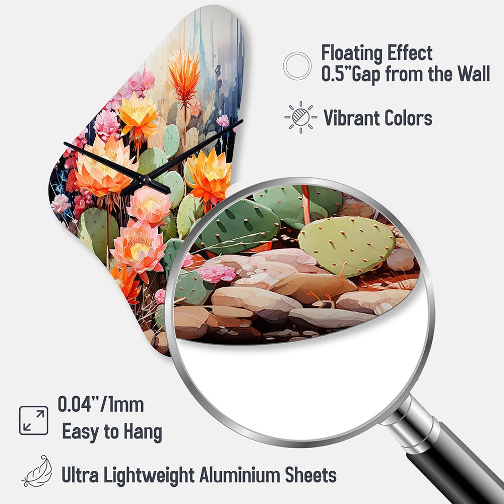 Peach Green Cactus Representation Multicolored Acrylic V - Asymmetric Metal Wall Clock