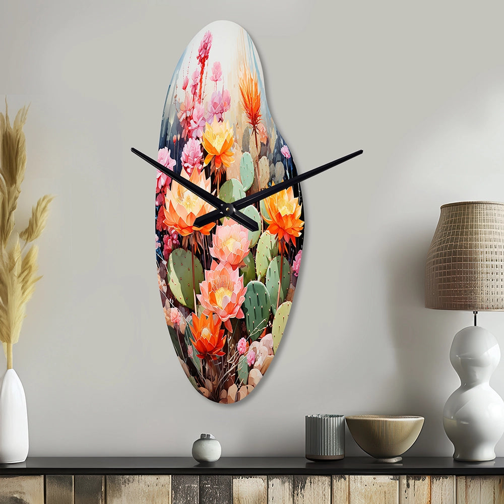 Peach Green Cactus Representation Multicolored Acrylic V - Asymmetric Metal Wall Clock