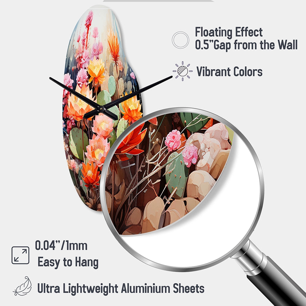 Peach Green Cactus Representation Multicolored Acrylic V - Asymmetric Metal Wall Clock