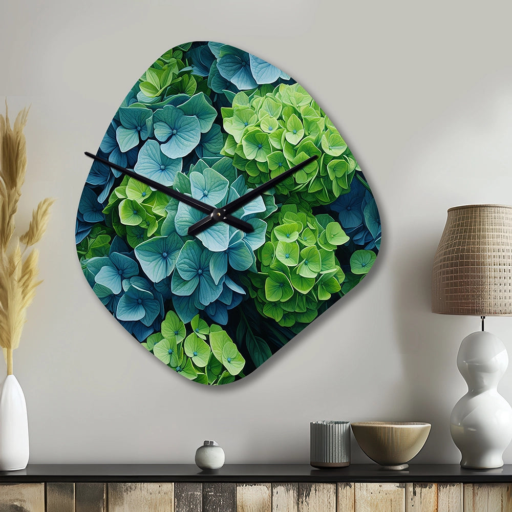 Green Blue Hydrangea Emerald Blooms - Asymmetric Metal Wall Clock
