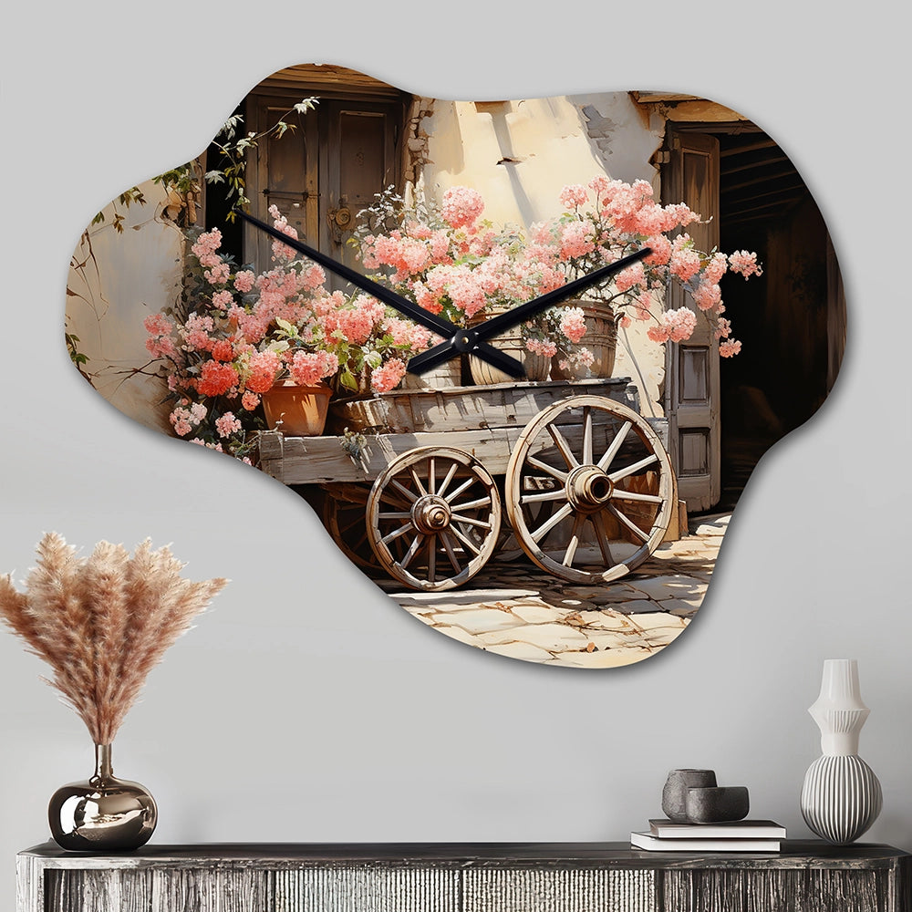 Pink Old Cart Wheels - Asymmetric Metal Wall Clock