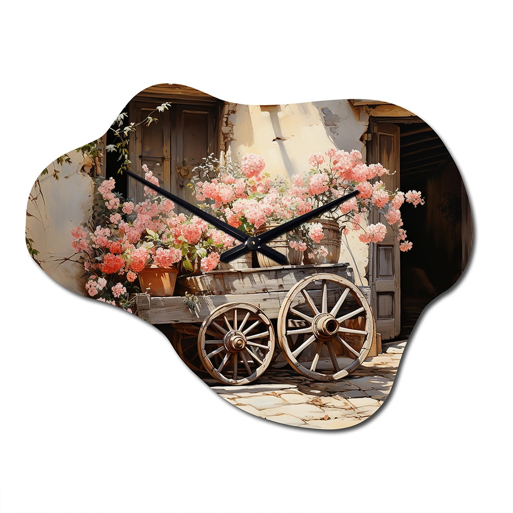 Pink Old Cart Wheels - Asymmetric Metal Wall Clock