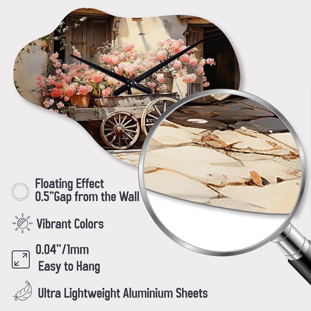 Pink Old Cart Wheels - Asymmetric Metal Wall Clock