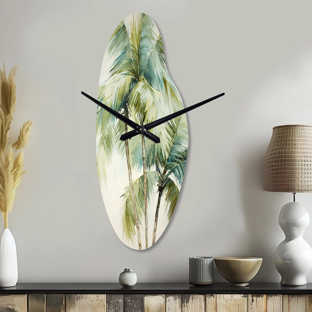 Green Minimalism Palm Trees I - Asymmetric Metal Wall Clock