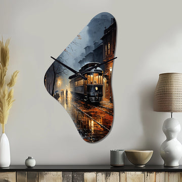 Train Misty Morning Pointillism I - Asymmetric Metal Wall Clock