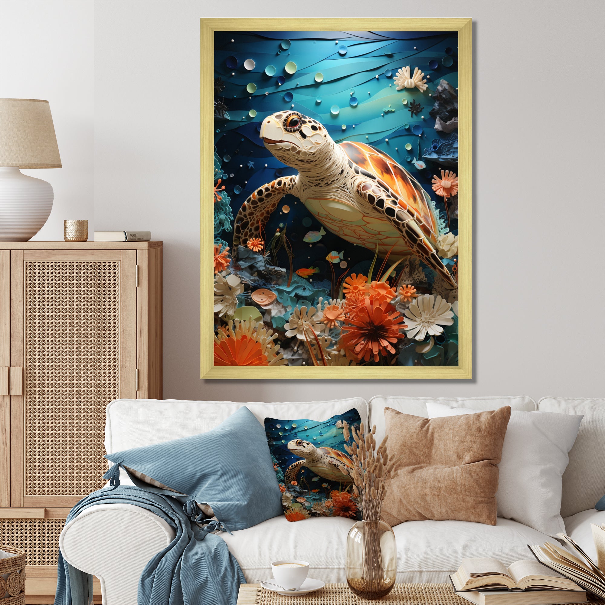 Turtle Coastal Creatures Pointillism - Turtle Canvas Wall Art