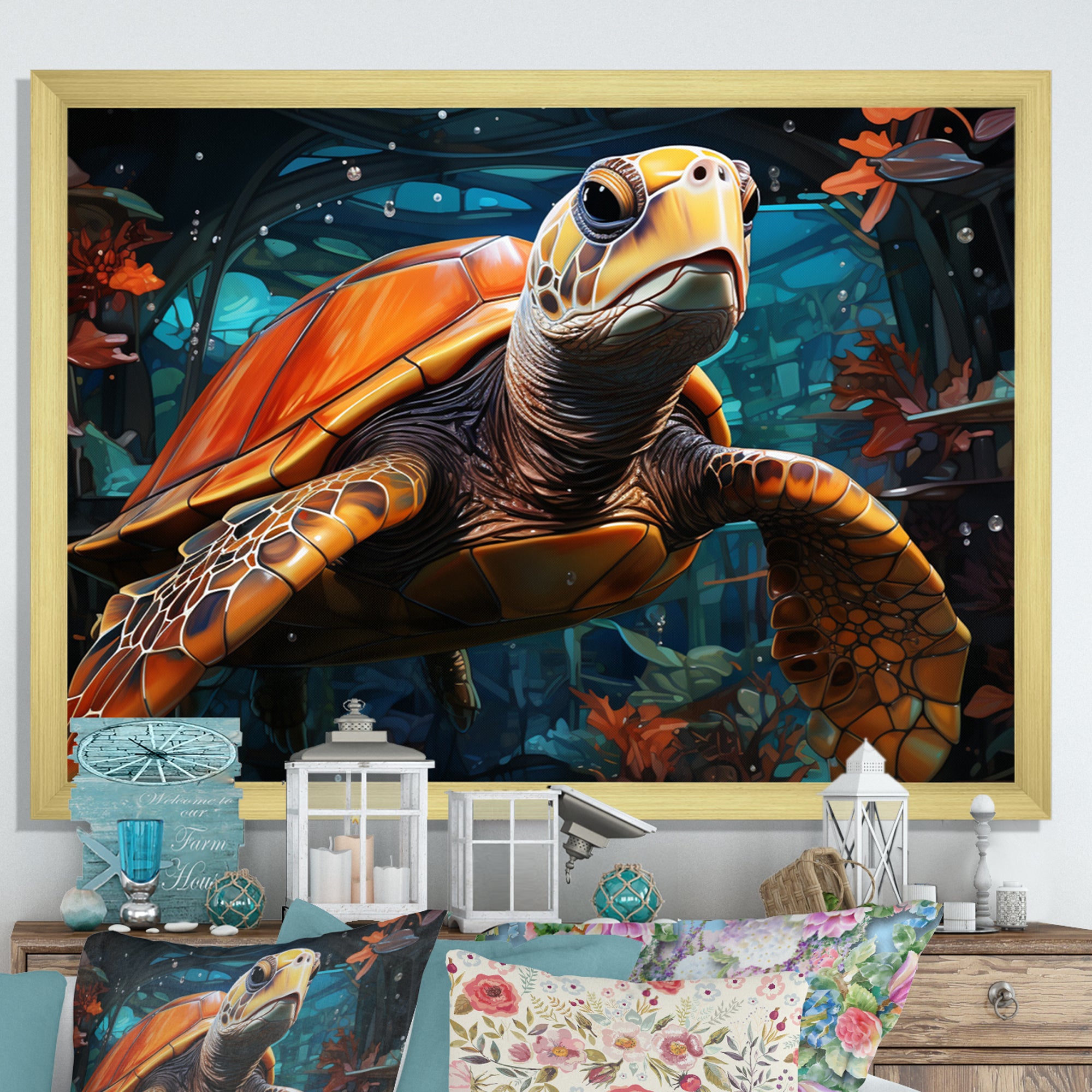 Turtle Journey Floral Geometric - Brown Turtle Wall Art