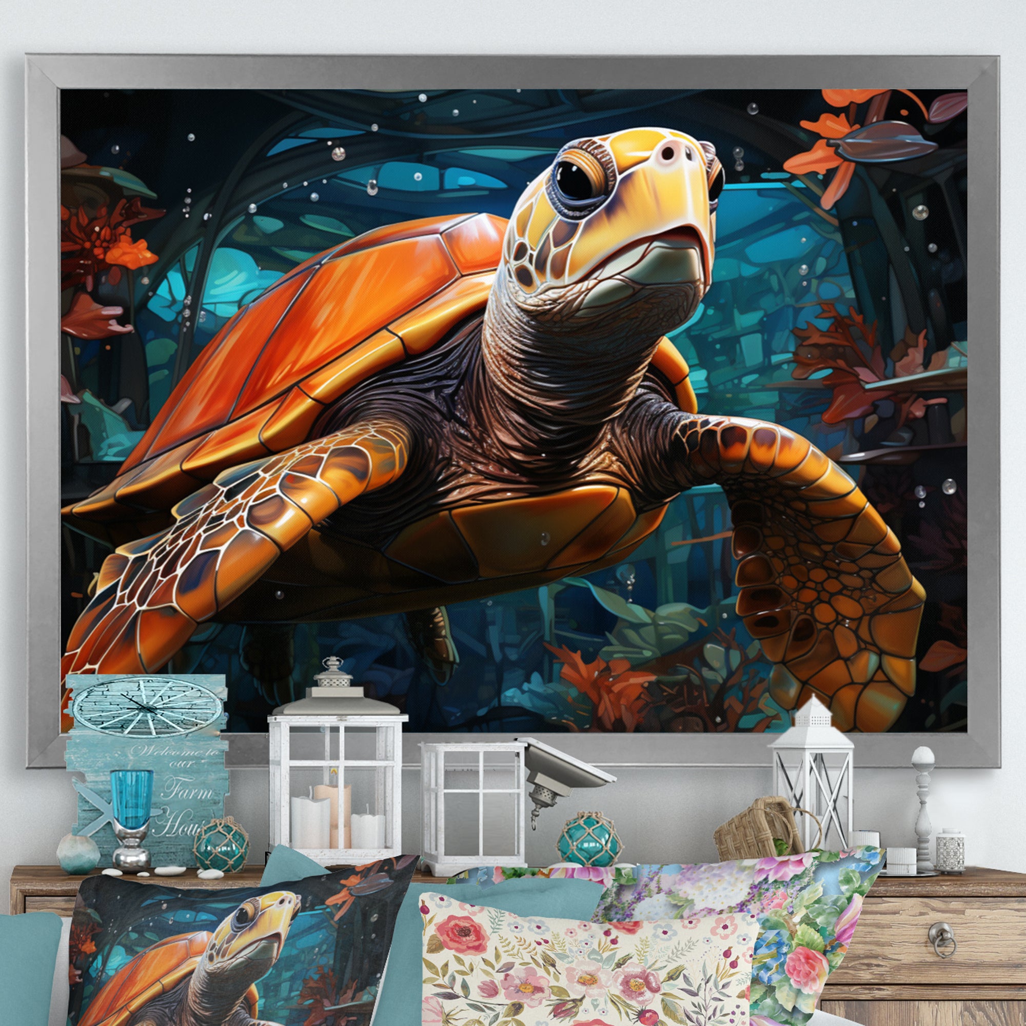 Turtle Journey Floral Geometric - Brown Turtle Wall Art