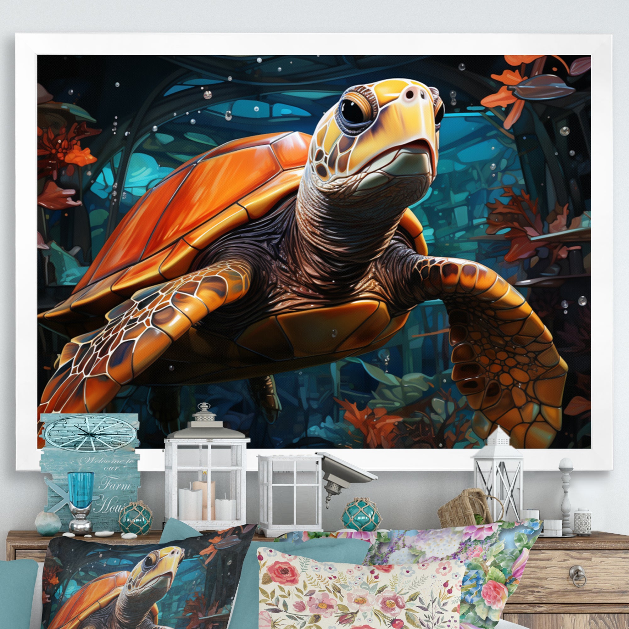 Turtle Journey Floral Geometric - Brown Turtle Wall Art