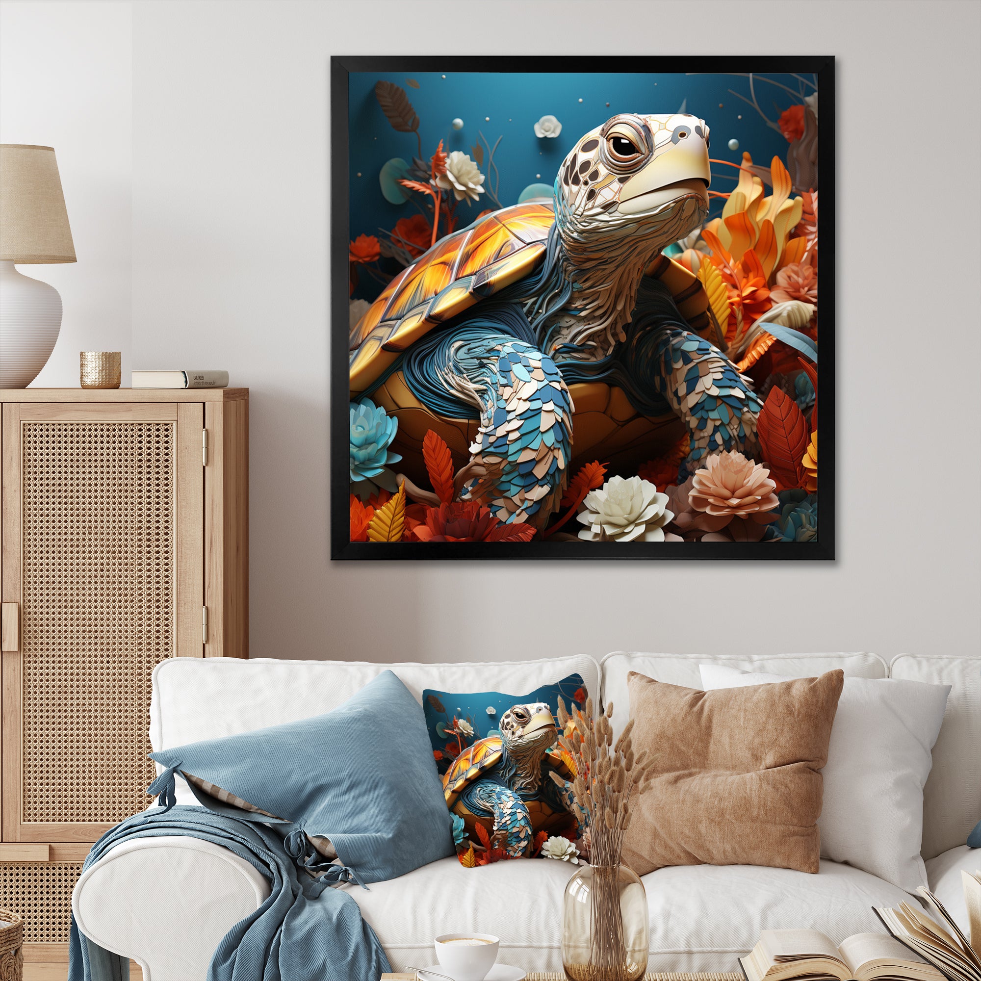 Turtle Journey Coral Geometric - Turtle Framed Canvas Art