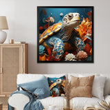 Turtle Journey Coral Geometric - Turtle Framed Canvas Art