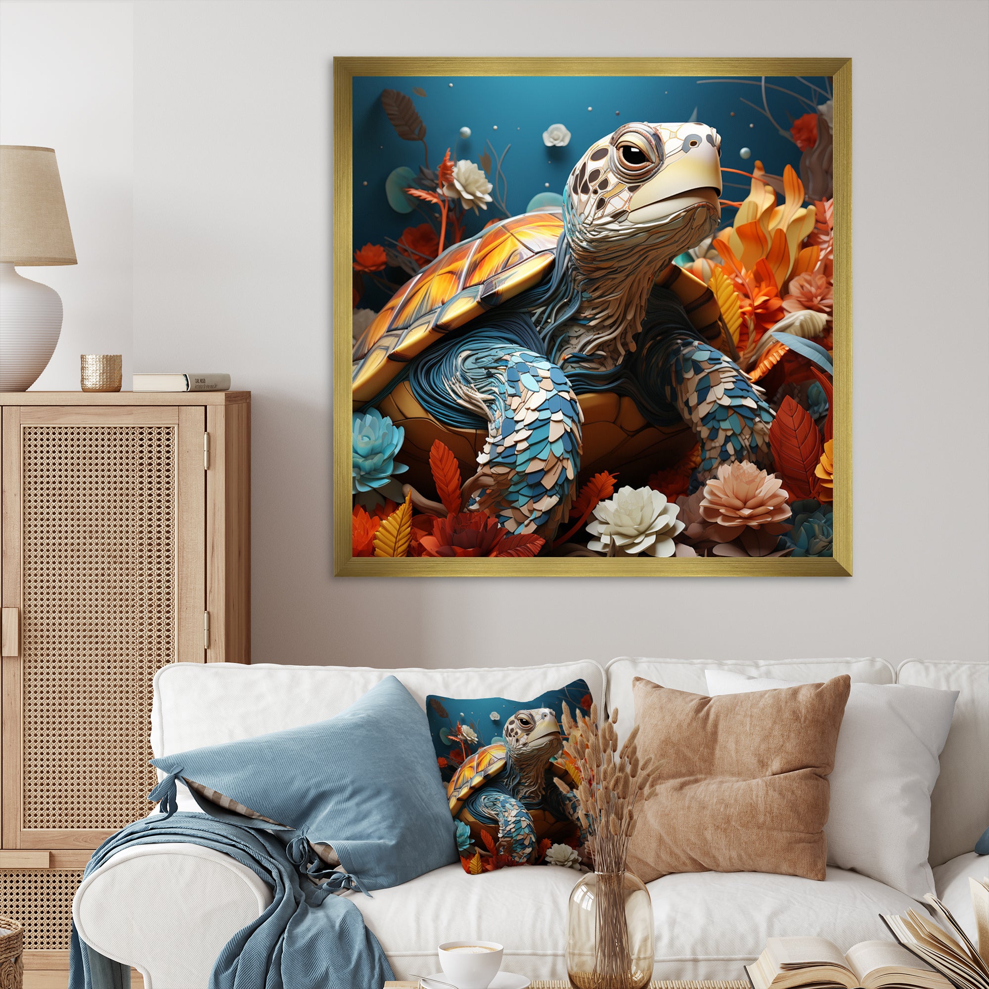 Turtle Journey Coral Geometric - Turtle Framed Canvas Art