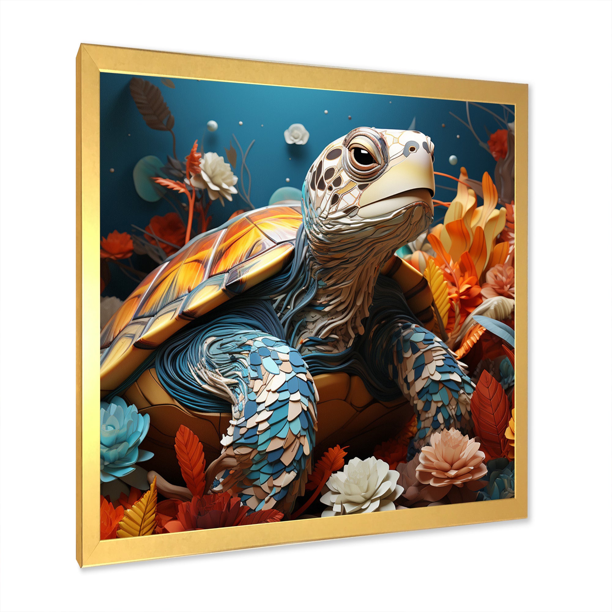 Turtle Journey Coral Geometric - Turtle Framed Canvas Art