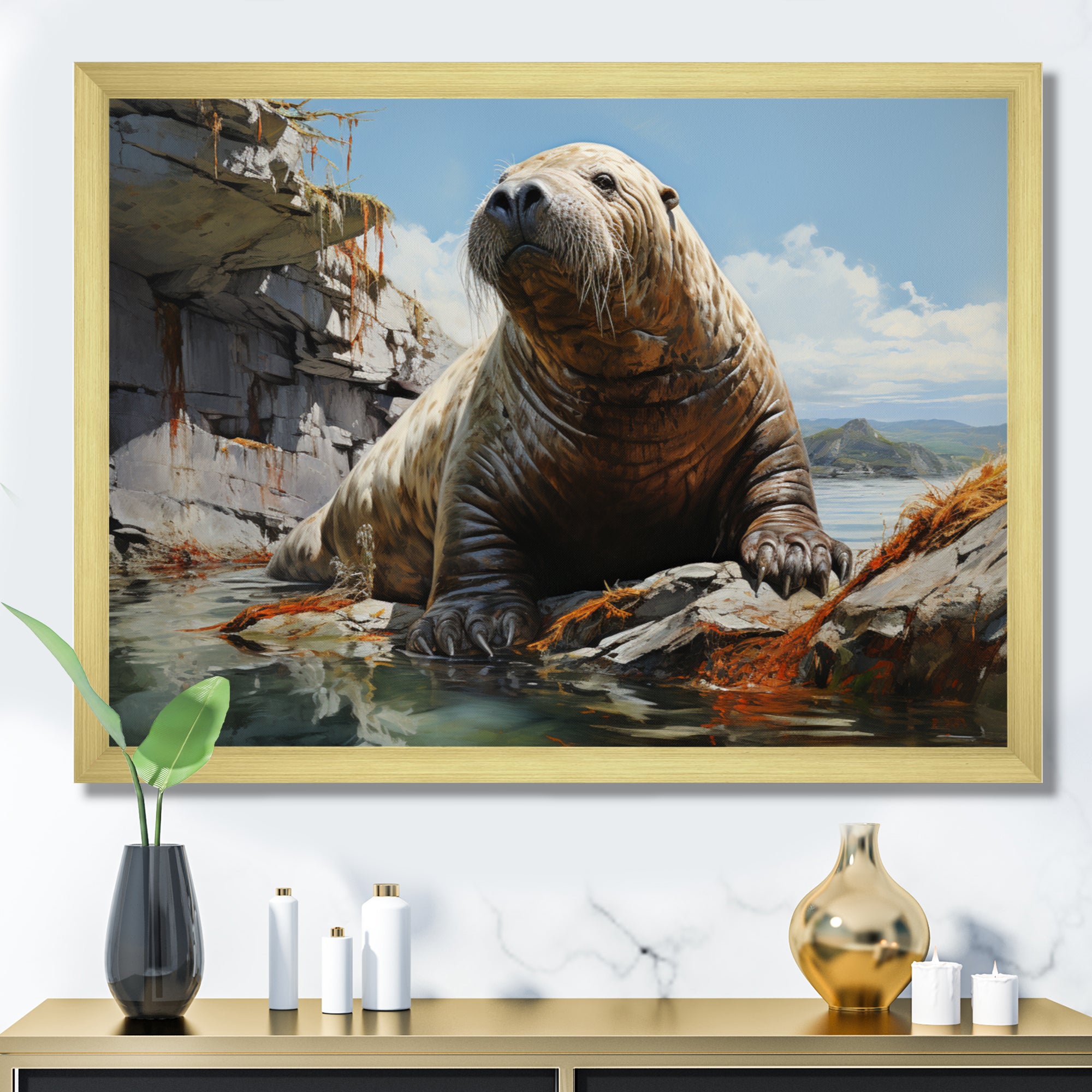 Walrus Rustic Charm - Walrus Large Canvas Wall Art