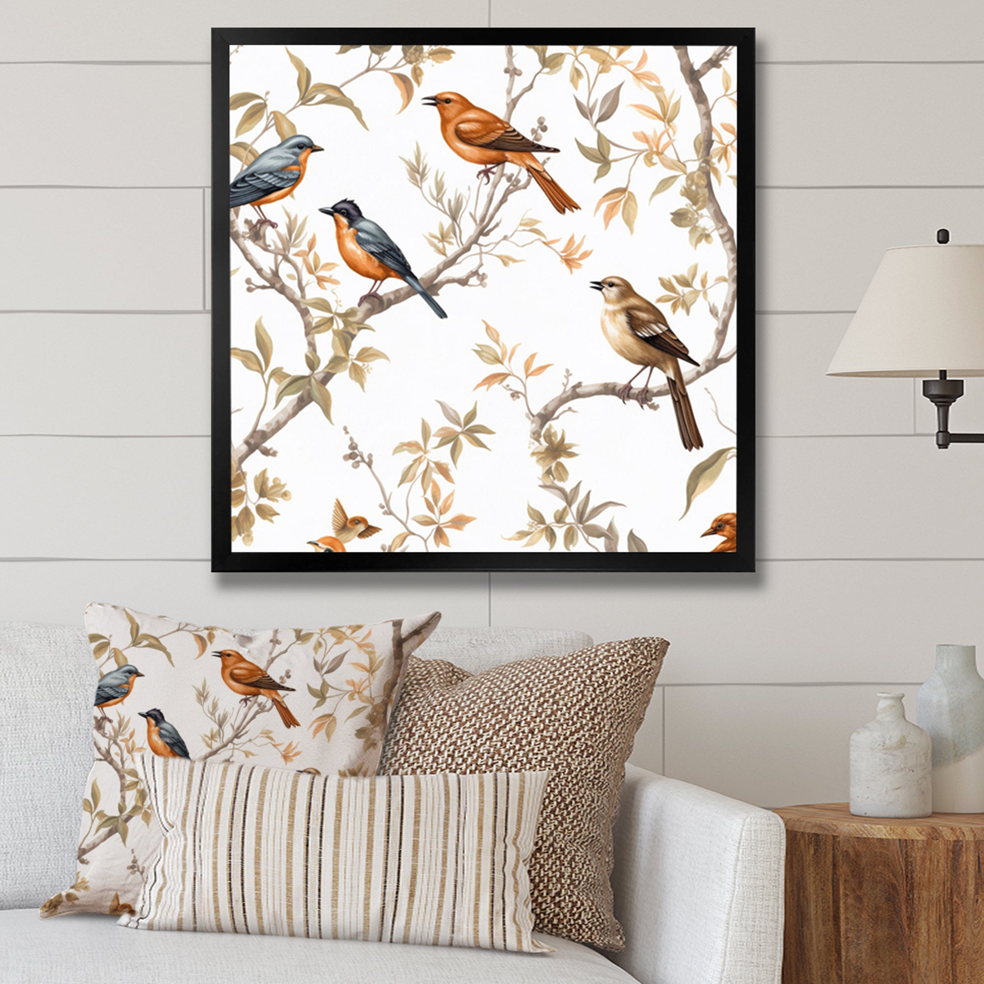Orange Green Birds On Trees - Bird Framed Canvas Art