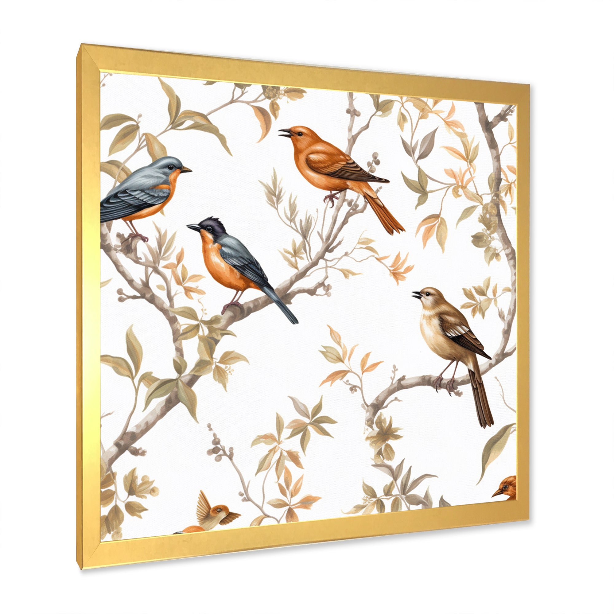 Orange Green Birds On Trees - Bird Framed Canvas Art