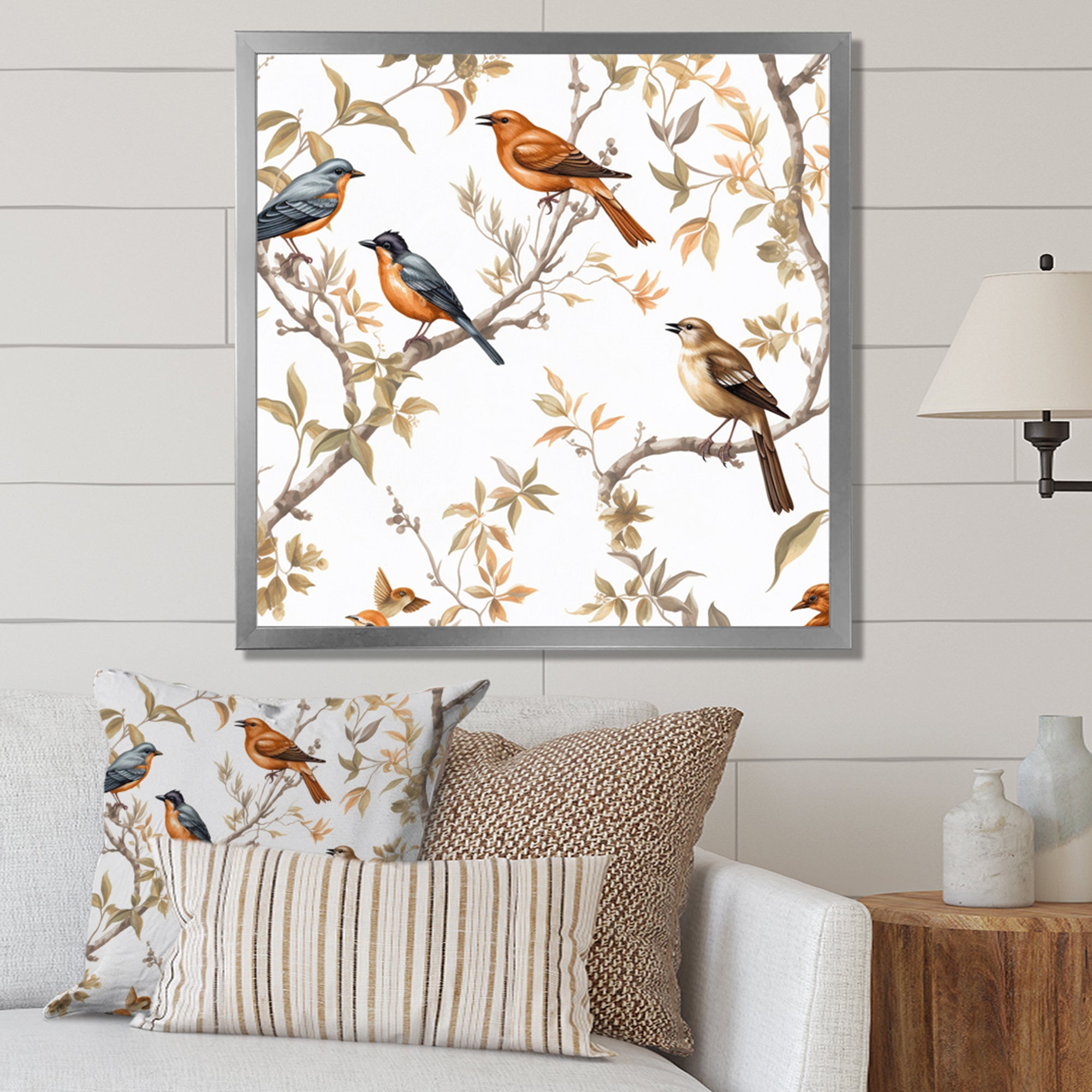 Orange Green Birds On Trees - Bird Framed Canvas Art
