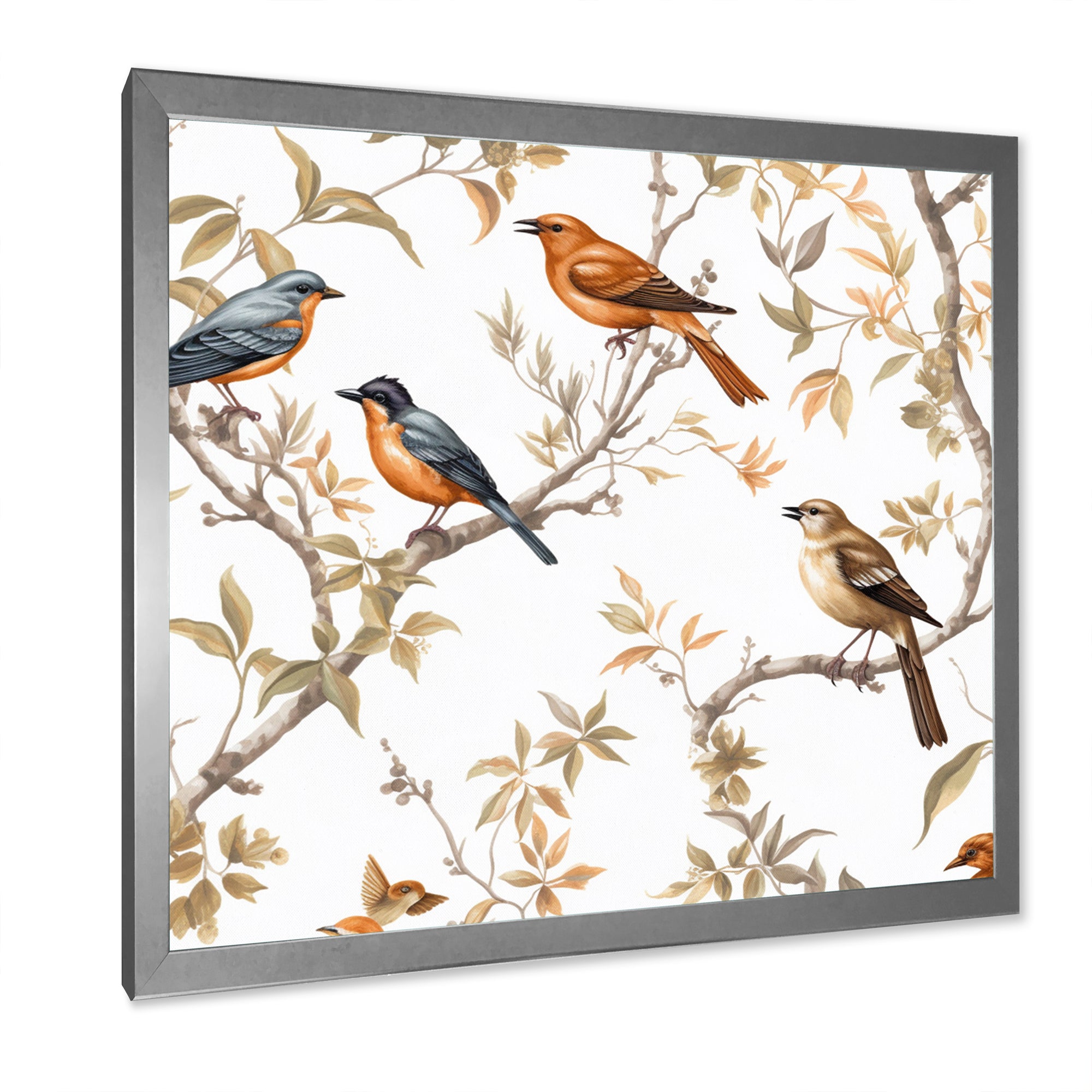 Orange Green Birds On Trees - Bird Framed Canvas Art