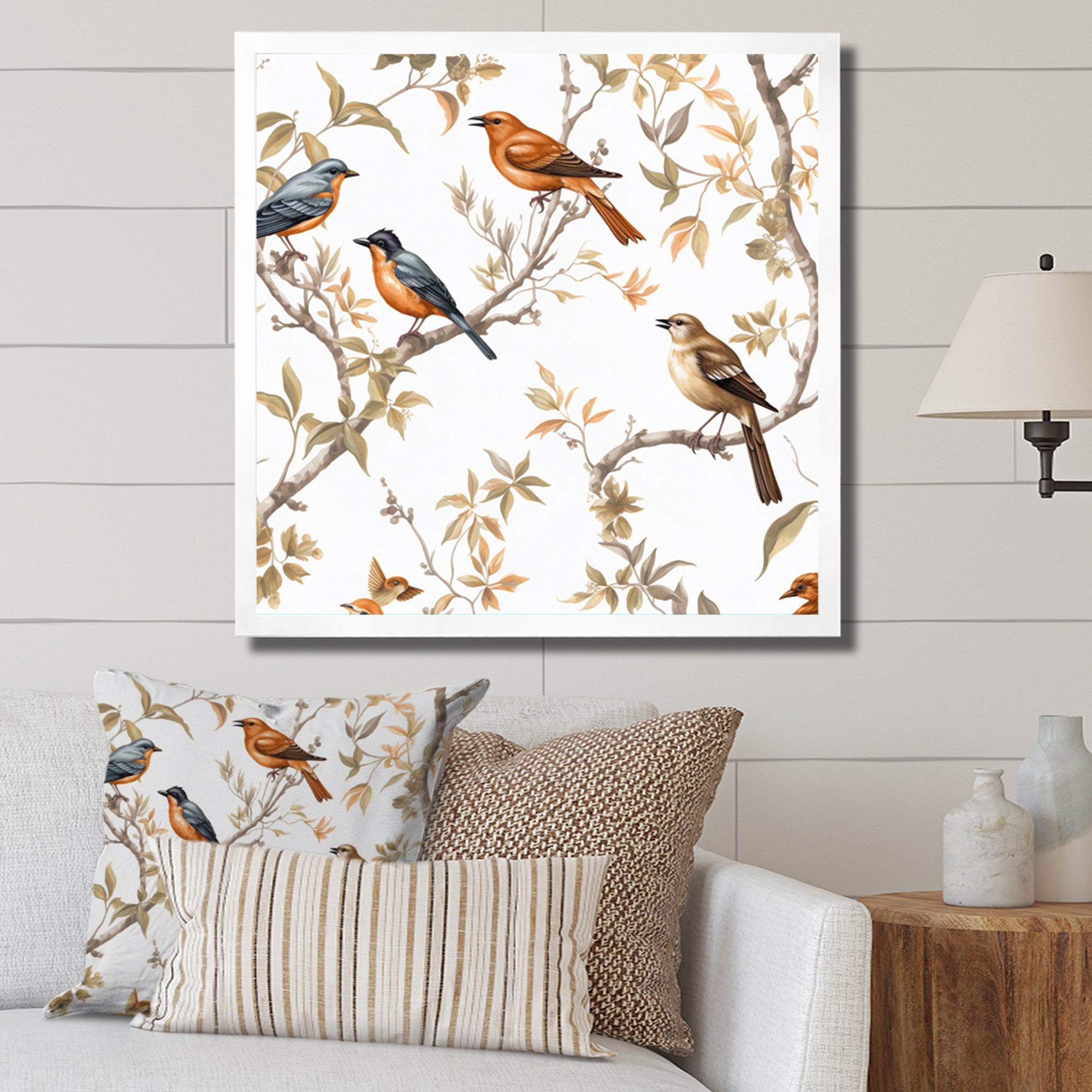Orange Green Birds On Trees - Bird Framed Canvas Art